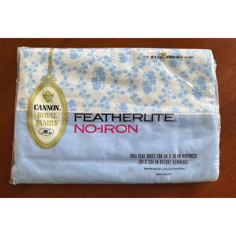 NIP Vintage Cannon Royal Family "Cameo Rose" Floral Blue Full FLAT Sheet